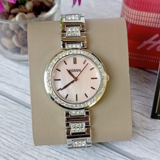 Jam Tangan Wanita - Fossil Karli Pink Mop Silver Crystals Women`s BQ3182 Watch