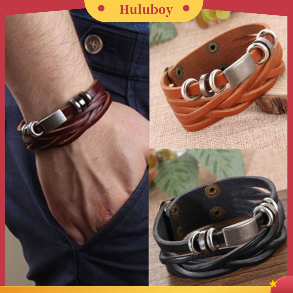 Hu Hu Hu Hu Hu Alat Bantu Pasang Kacamata♡ Gelang Tangan Kulit Imitasi Model Kepang Aksen Stainless Steel Gaya Vintage Untuk Pria