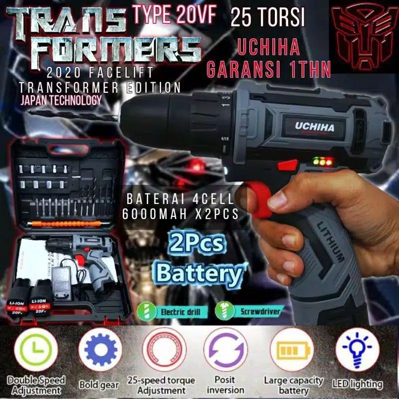 Mesin bor produk import mesin bor baterai cordless uchiha 20v tembok besi kayu 25torsi