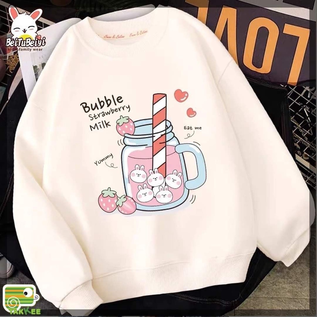 CREWNECK SWEATER WANITA BUBBLE STRAWBERRY MILK - ATASAN TEBAL LUCU TERLARIS