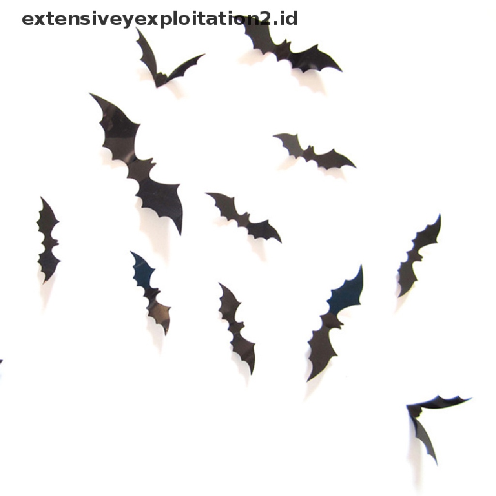 12pcs Stiker Kelelawar Hitam Pvc Pesta Halloween 3d Dinding