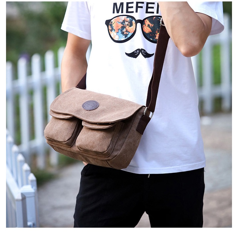 Tas Selempang Pria Messenger Bag Bahan Canvas mesenger mesenjer tas kanvas cowok kanfas Men's cowo Messenger Bags Male Canvas Shoulder Bag Fashion Casual Style Satchels Solid Color Crossbody Bag Retro Small Bags