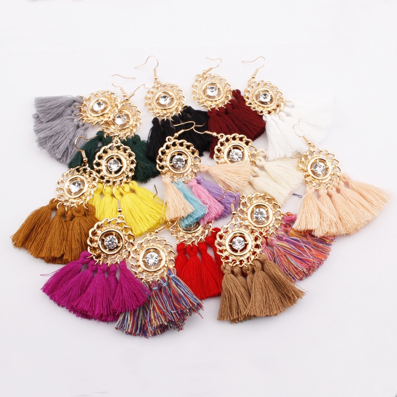 Merek besar rumbai anting-anting baru fashion bohemian Retro gaya etnik berlian bulat aksesoris all-