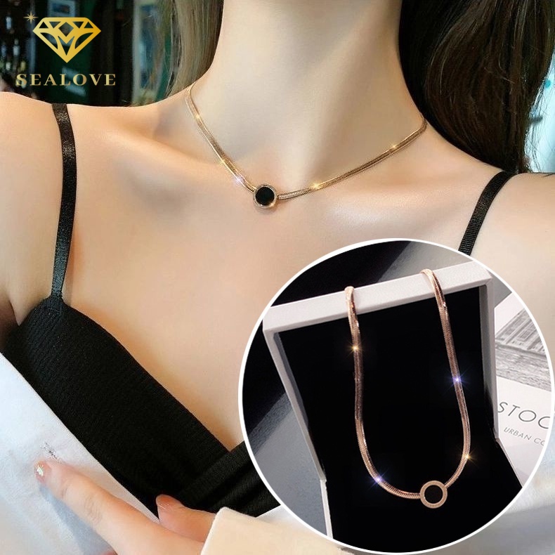 Kalung Titanium Wanita Asli Bentuk Bulat Angka Romawi liontin simple Aksesoris Wanita