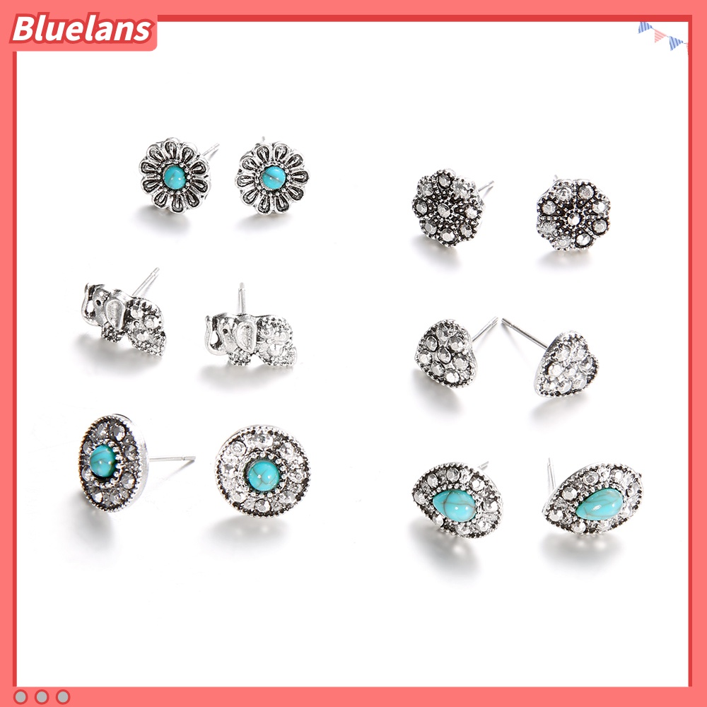 6 Pasang / Set Anting Stud Desain Gajah Hati Turquoise Gaya Boho Untuk Wanita