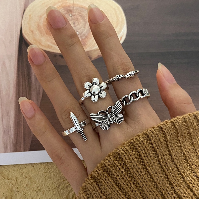 5Pcs Retro Cincin Kupu-kupu Set Sederhana Kreatif Cincin Fashion Wanita Aksesoris Hadiah Untuk Sahabat