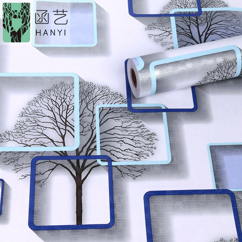 Wallpaper Dinding Sticker Dinding 3D Kotak Pohon Biru Ruang Tamu Premium