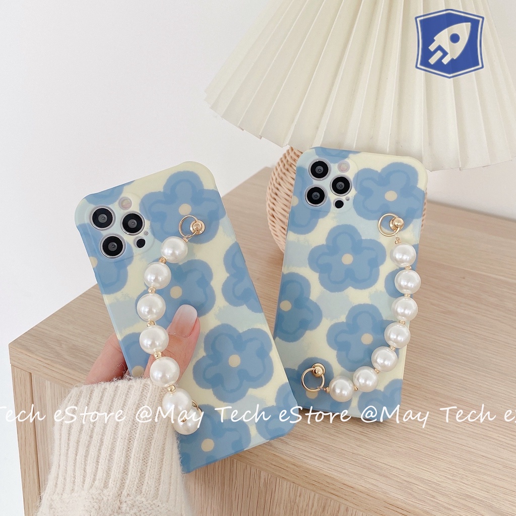 Casing iPhone Bunga Biru Blue Flower dengan Hand Grip Muatiara Pearl iPhone X XS XSMAX 11 12 13 PRO PROMAX