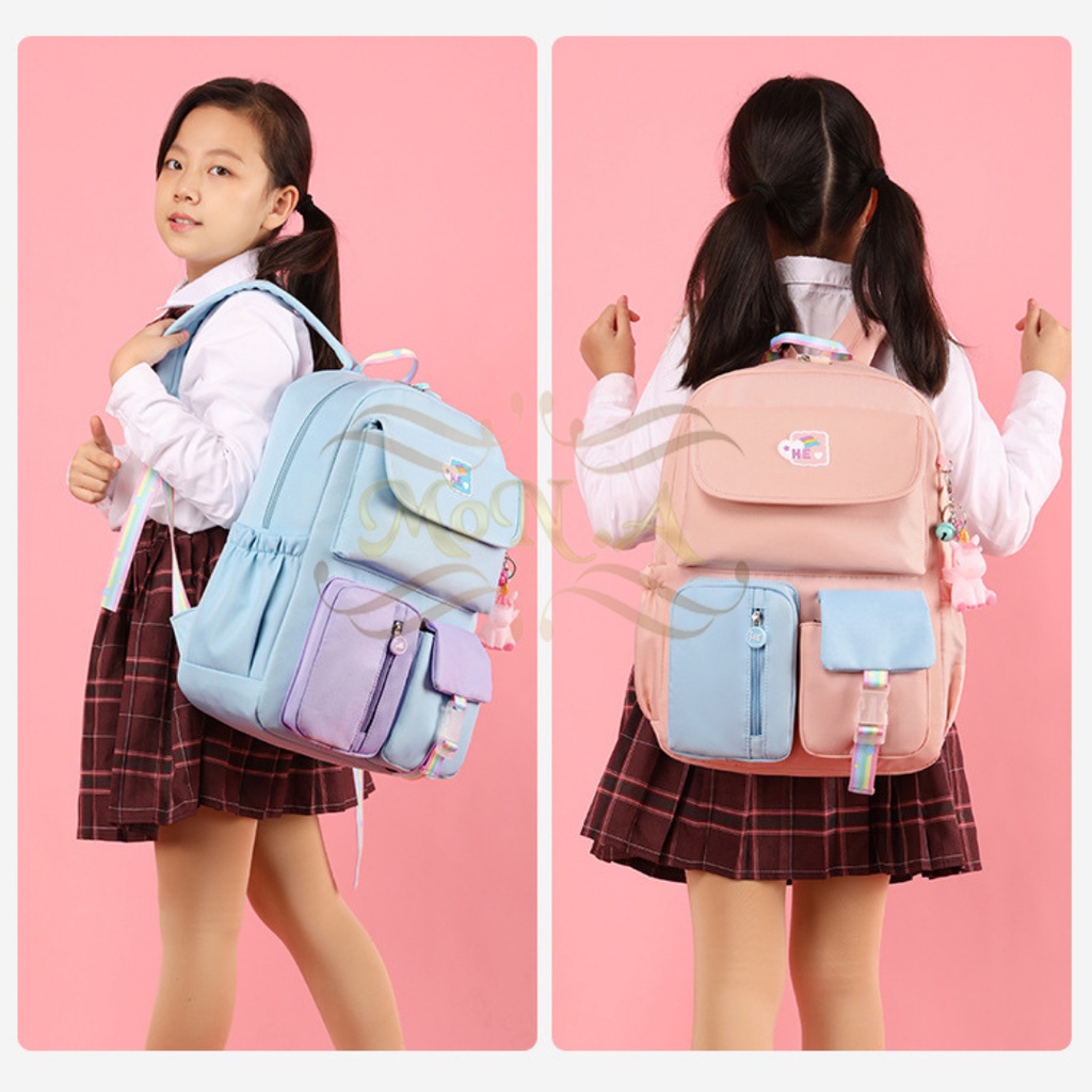 [MONA] ((FREE GANTUNGAN))TAS SEKOLAH RANSEL ANAK SD/SMP/SMA CEWEK WARNA SOFT PASTEL CANTIK LUCU WATERPROOF (TAHAN AIR) M0180 - KUALITAS  IMPORT PREMIUM