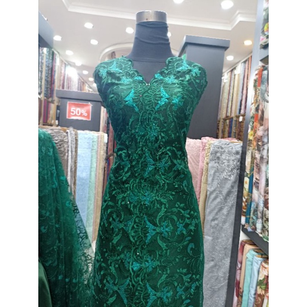 KAIN TILLE BORDIR SEMI PAYET UNTUK KEBAYA WISUDA SERAGAMAN NIKAHAN MURAH HIJAU BOTOL