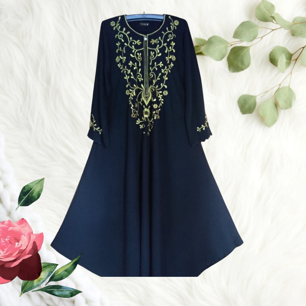 Jubah Akhwat Jat Black motif Bordir Resleting depan Nyaman