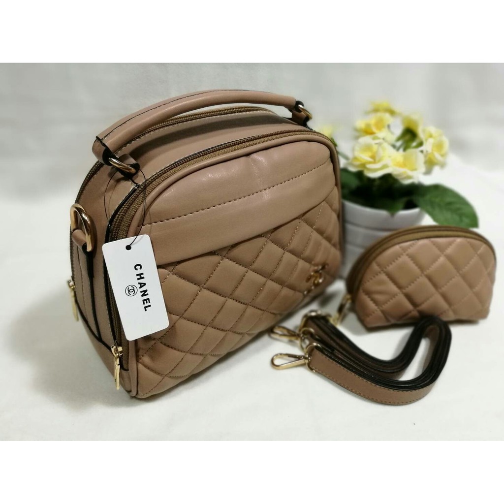 Terbatas Tas Wanita Fashion Branded Chanel Apple 2 Ruang Set Dompet Warna Mocca