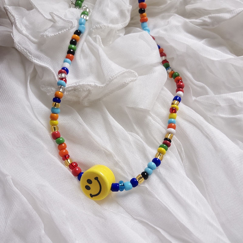 Bohemian Choker Necklace Women Girls Colorful Rice Beads Bohemian Necklace Smile Face Pendants