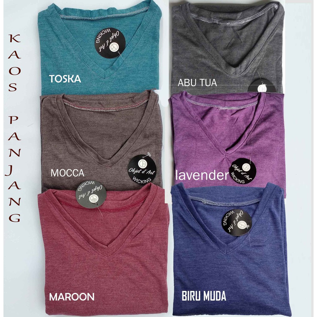 KAOS POLOS T-SHIRT MURAH WANITA LENGAN PANJANG MANSET RAYON CEWEK KEKINIAN V-NECK BASIC BAHAN ADEM