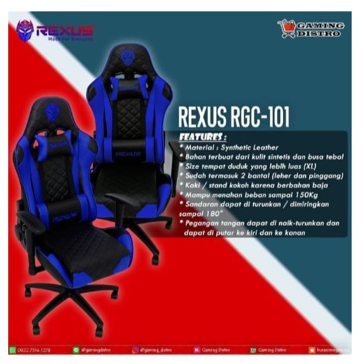Rexus RGC101 Gaming Chair Kursi Gaming RGC 101 - Biru