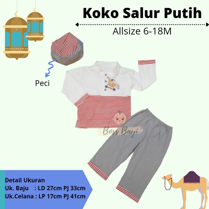 Setelan Koko Peci Bayi Anak Salur Putih 6-18bulan / Baju Lebaran Anak Laki Laki