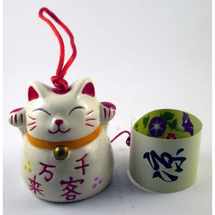 MANEKI NEKO LUCKY CAT LONCENG KERAMIK PUTIH KECIL