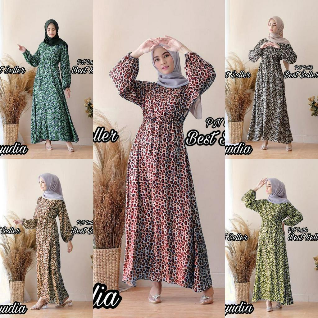 Ayudia Leopard Dress Wanita Rayon Premium Import Gamis Terbaru Lengan Panjang Baju Muslim Kekinian LD 110 cm