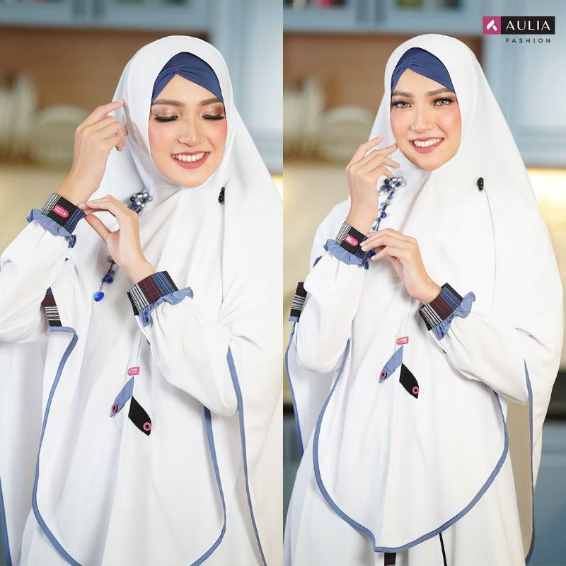 Set gamis aulia ori terbaru koleksi tahun 2022, warna putih ceria dengan bahan adem banget nyaman di