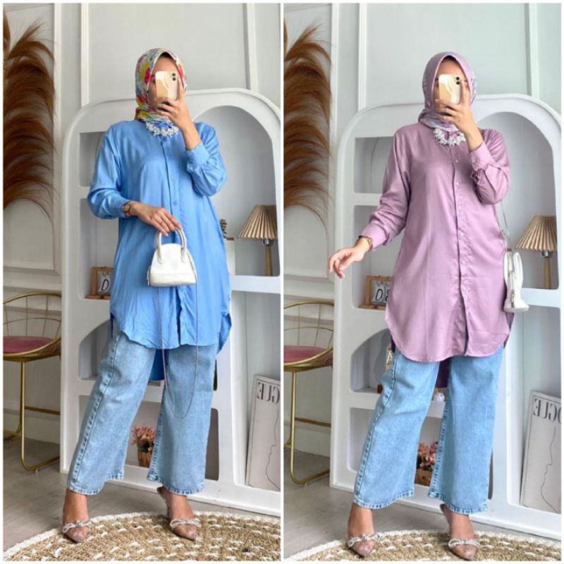 BISA COD AZKIYAHIJAB29 VELIA TUNIK POLOS BAJU ATASAN WANITA KATUN RAYON TWILL BUSUI FULL KANCING KEM