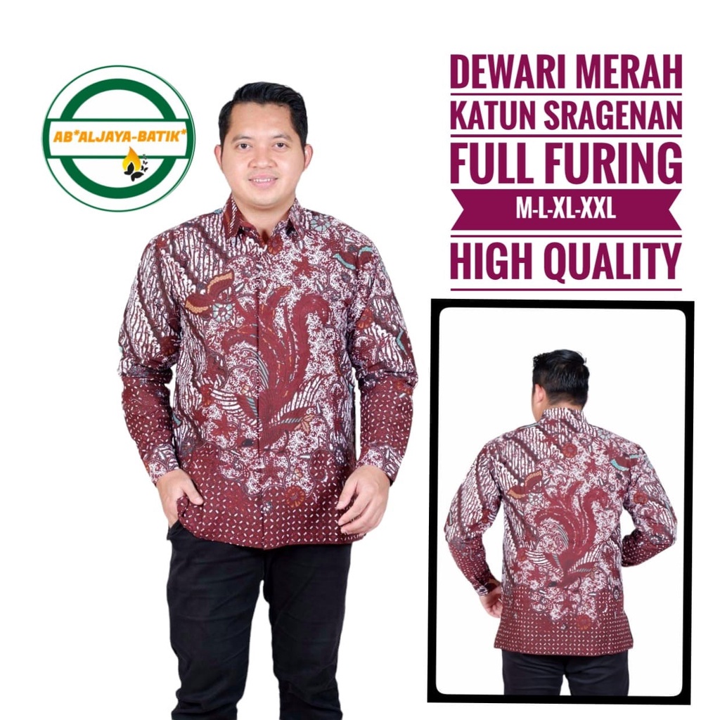 KEMEJA BATIK LENGAN PANJANG LAPIS FURING ATASAN PREMIUM KATUN HALUS DEWARI MERAH ALJAYA