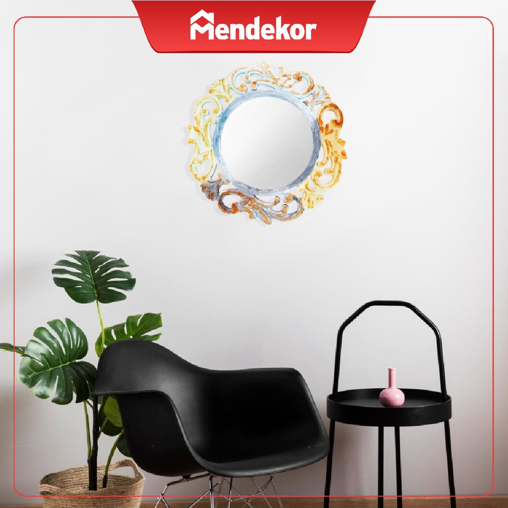 Cermin Kaca Dinding Gantung Kayu Bulat Hias Unik Frame Shabby Bulat Ukir | MENDEKOR Nauli