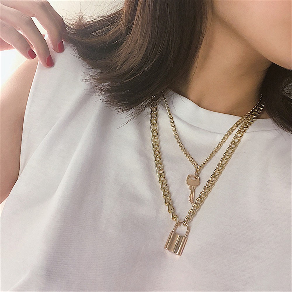 【COD Tangding】Double Line Key Lock Fashion Cool Girl Chain Necklace