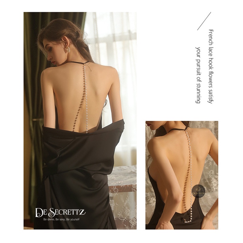 DeSecrettz SERAFINE Lingerie Sexy Includes Nightdress &amp; Pearl String Accessories, Baju Tidur Sexy Model Suspenders Bahan Satin Premium Adem dan Lembut Di Kulit, Baju Haram Sexy Bisa COD