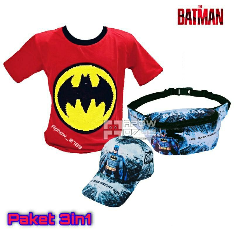 Paket murah 3in1 kaos distro anak usap + tas waistbag anak + topi anak karakter batman ( REAL PICT )