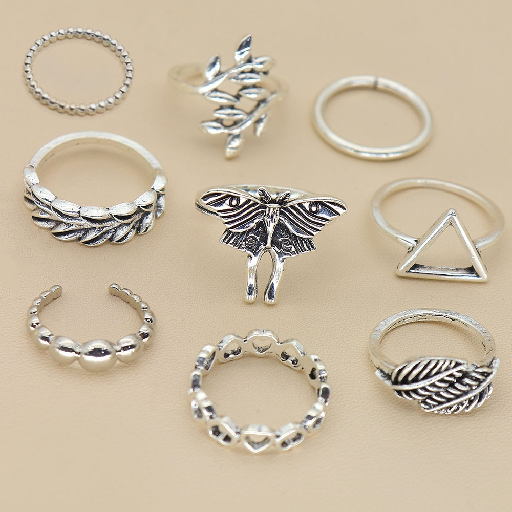 9 Pcs / Set Cincin Desain Kupu-Kupu Daun Hati Segitiga Besar Warna Silver Gaya Bohemia