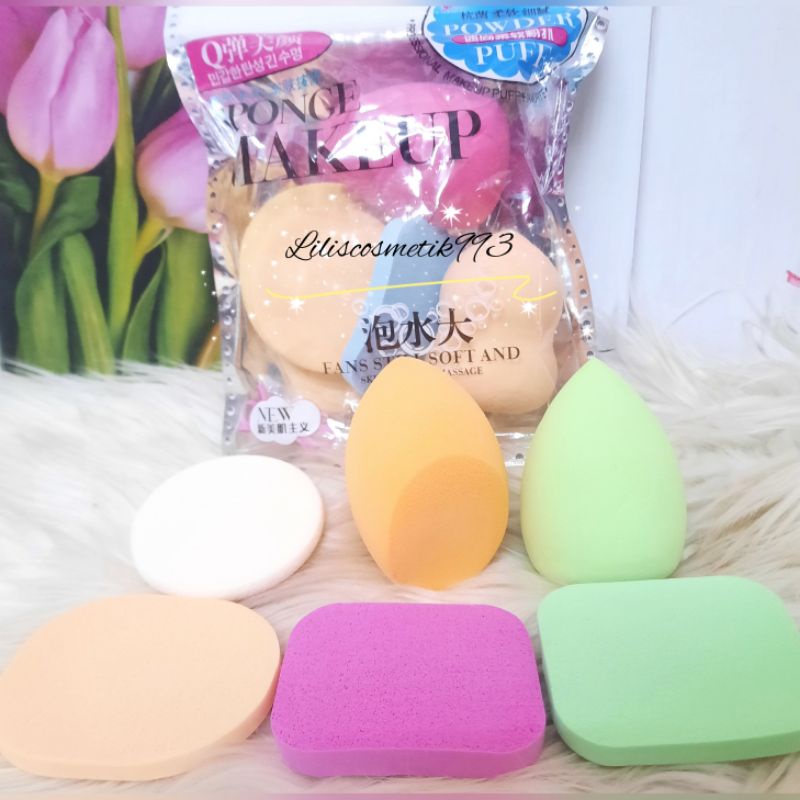 SPONS MAKE UP 1 SET ISI 6 PCS/SPON FOUNDATION PEMBERSIH/SPONGE MAKE UP POWDER /SPON ISI 3+KUAS