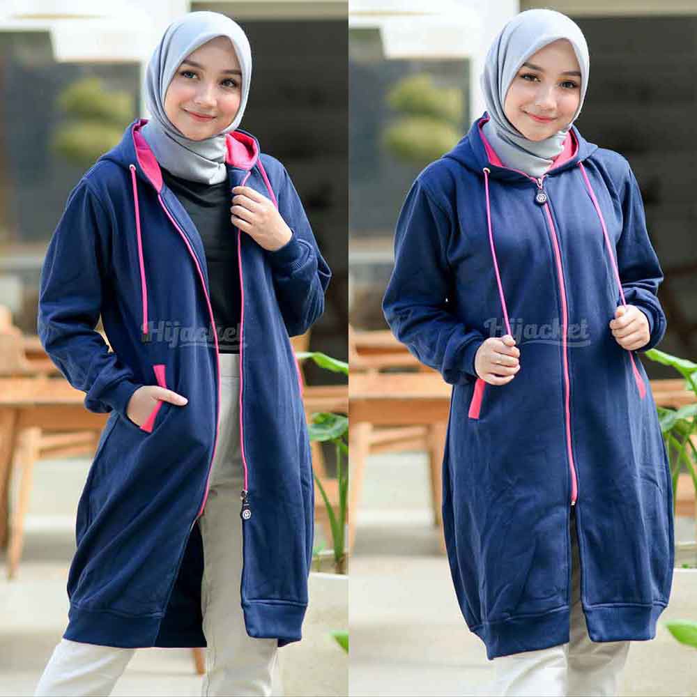 Jaket Jacket Polos Hoodie Panjang Wanita Cewek Cwe Muslimah Hijabers Kekinian Biru Navy Hijacket BC-5