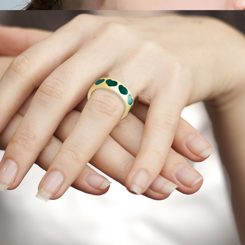 3pcs / Set Cincin Desain Bordir Hati Bahan Metal Warna Hijau Untuk Wanita