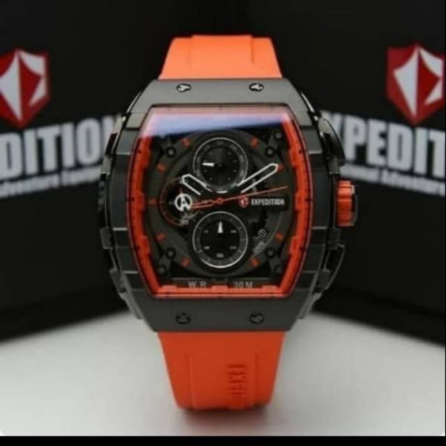 Jam tangan expedition e6782 black orange dial orange pria original