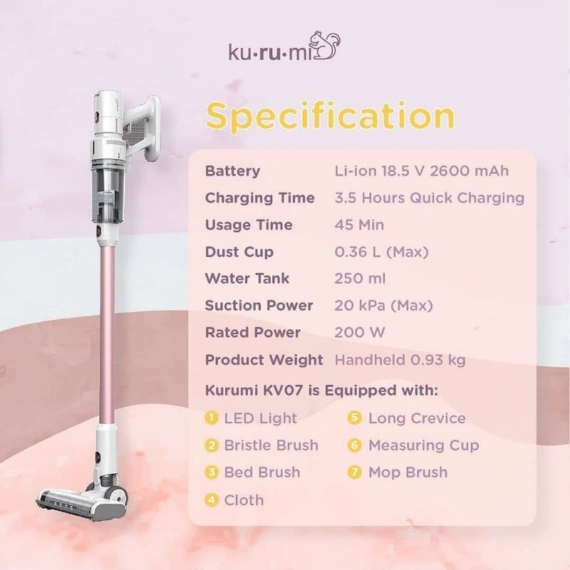 Kurumi KV 07 KV07 Powerful Cordless Stick Vacuum Cleaner with Spray Mop