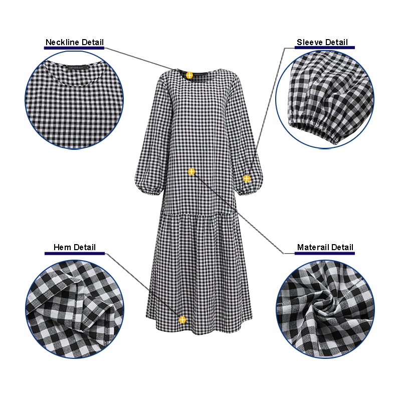 ZANZEA Women Casual Elastic Cuffs Puff Sleeve Plaid Muslim Long Dress