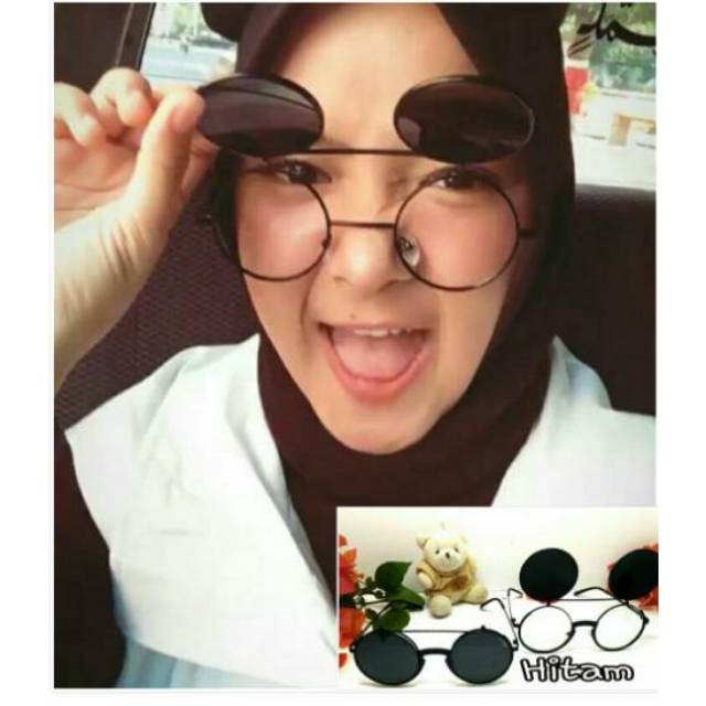Kacamata sunglasses steampunk hitam cliph on bulat jhon lennon double flip