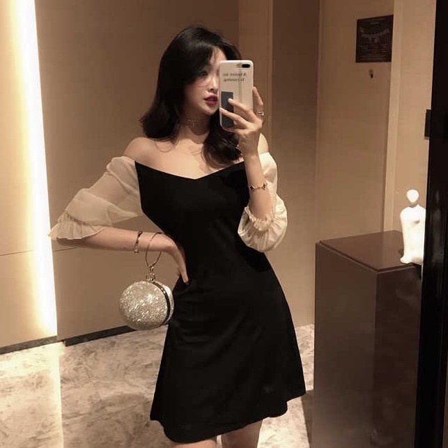 Midi Dress Sabrina Lace Sleeve Elegant Black Dinner Korean Look NK - S(B1U4) midi dress rayon (BISA 