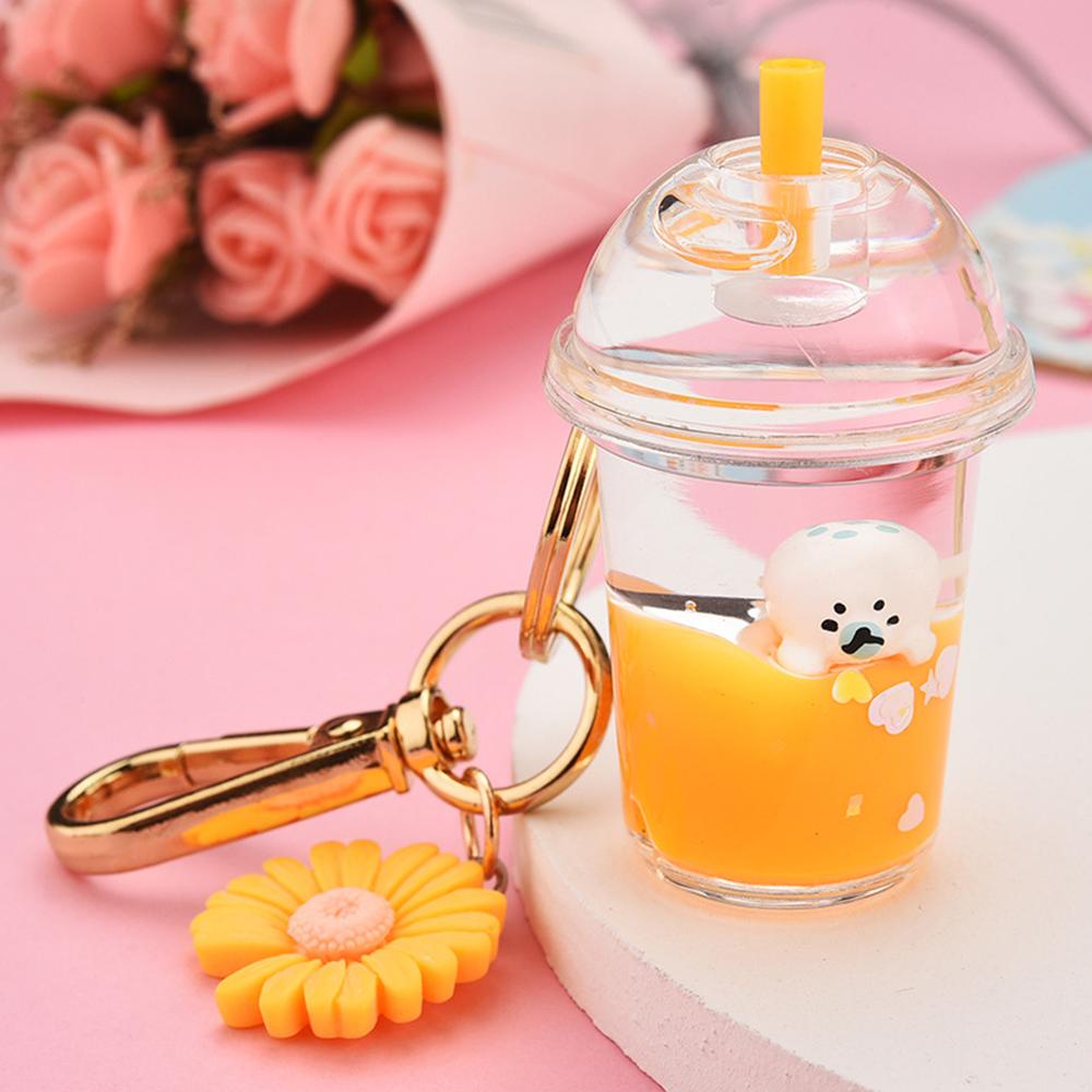 QUINTON Gantungan Kunci Kreatif Bebek Cairan Bergerak Dekompresi Akrilik Simulasi Susu Teh Cangkir Ornamen