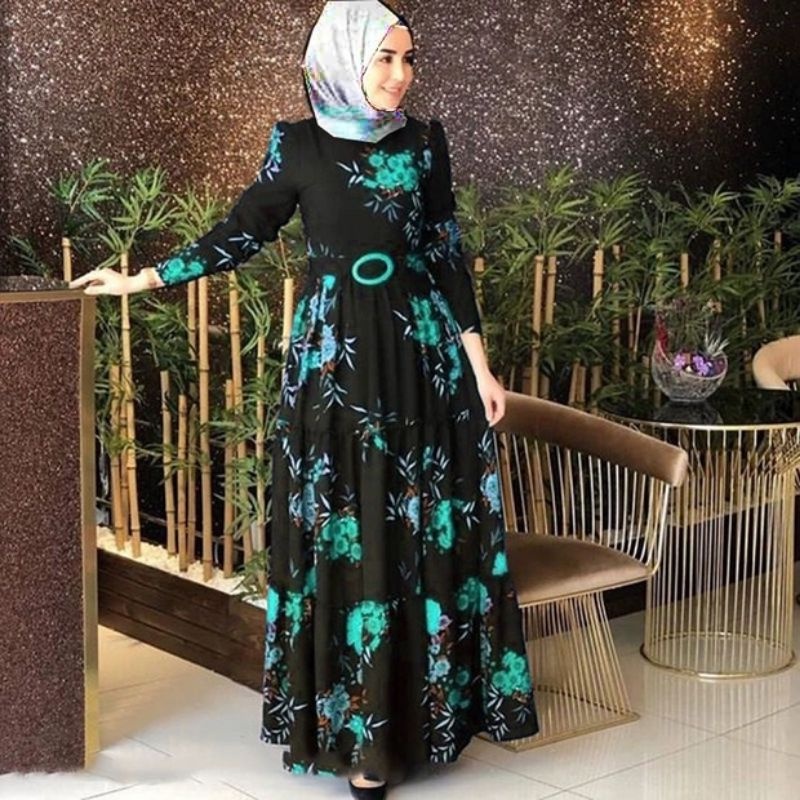 04420  Sale realpic Maxi Dress lengan panjang hitam  motif bunga model payung gamis luaran hijab jil