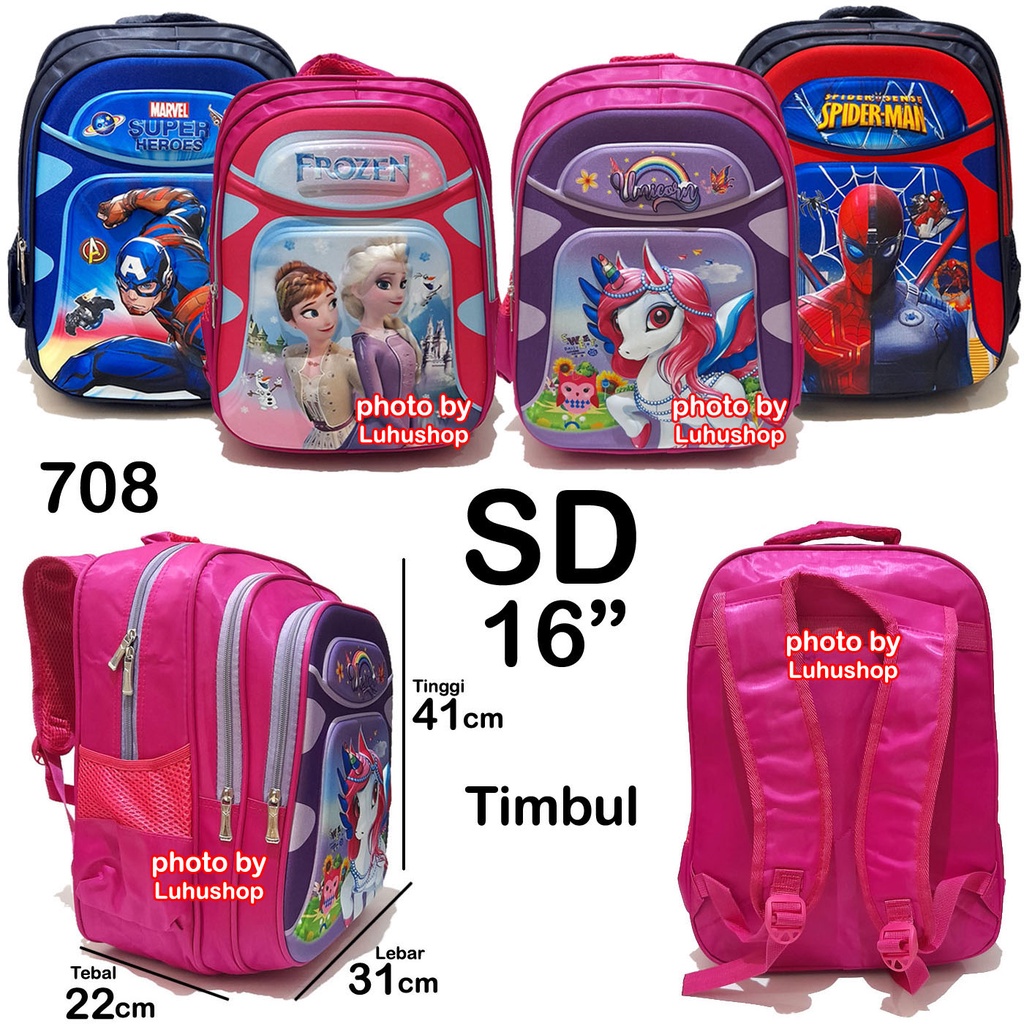 Tas SD Ransel Anak Sekolah Cewe Perempuan Kuda Unicorn Elsa Batmen Spidermen Kaptain Timbul Prosen Tas anak laki laki Tas anak perempuan 2161 3522