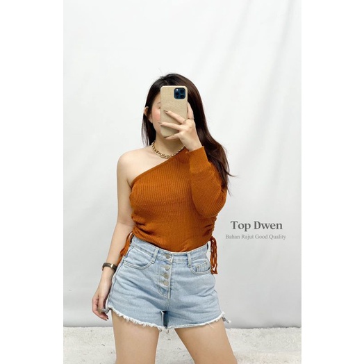 MDLV TOP DWEN RAJUT TOP ONE SHOULDER CROP SERUT RAJUT ATASAN CROP SEXY KOREA TERBARU FASHION WANITA