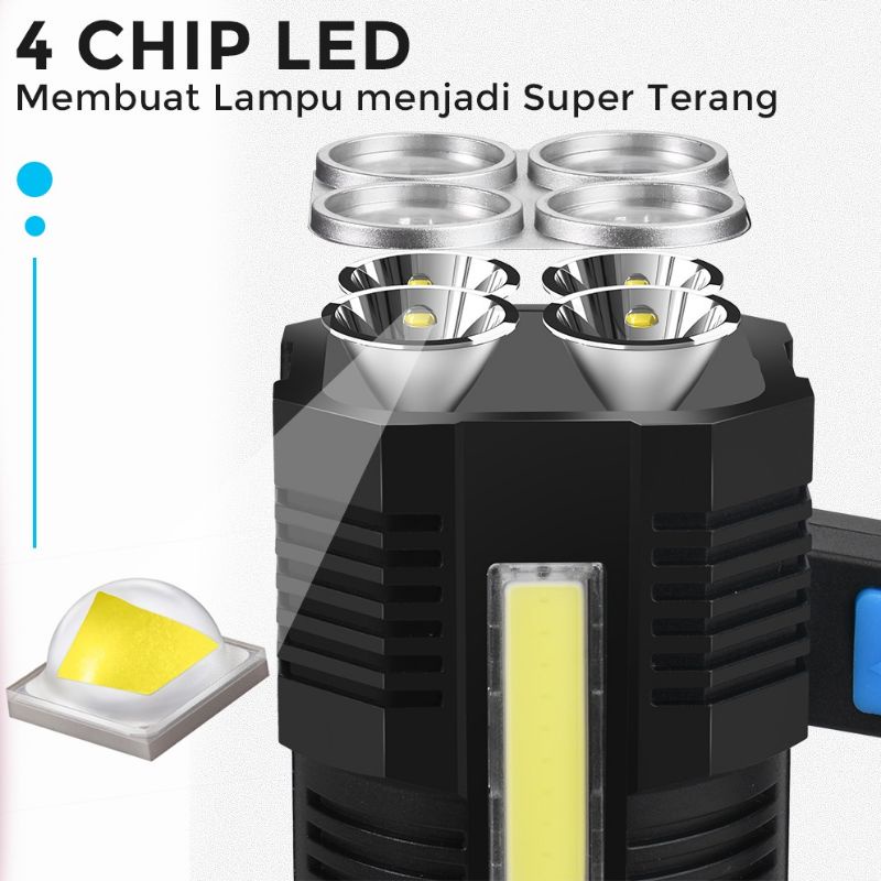 Senter Tangan 4*1w led + 10COB (25w+35w),merek Hose micro USB charging