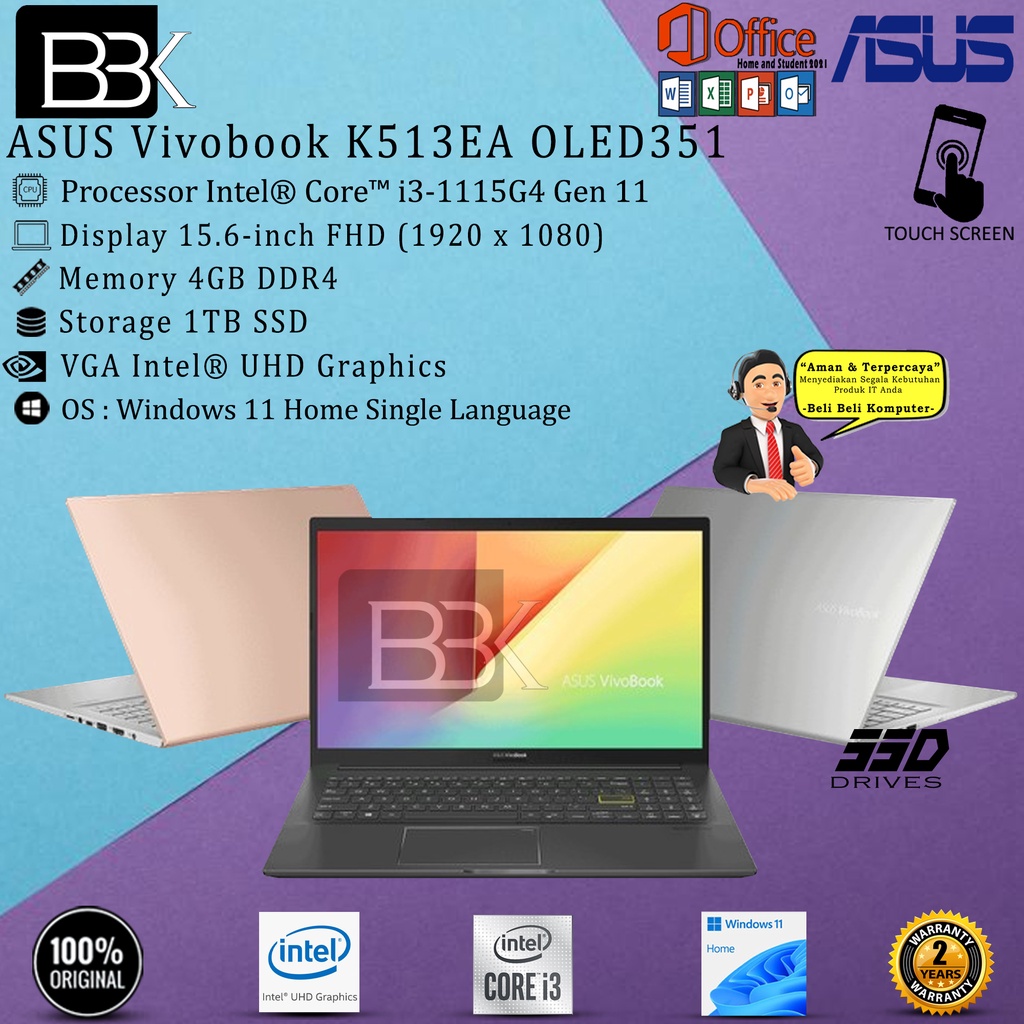 ASUS Vivobook K513EA OLED351 | i3 1115G4 4GB 1TB W11+OHS 15.6FHD