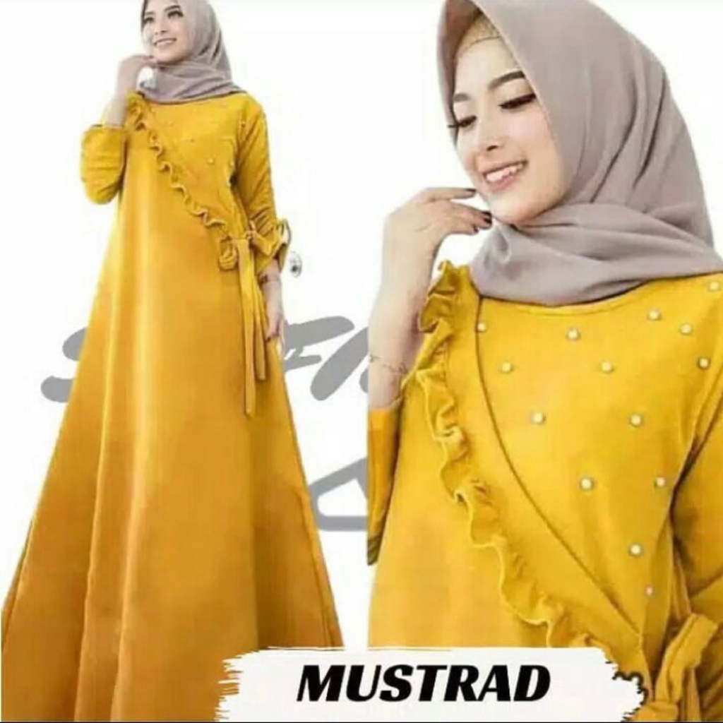 GAMIS BRUKAT MUTIARA QUEENBY KOMBINASA MOSCREPE / Gamis Brukat Busui Muslimah Bumil-PAOLA MUSTARD