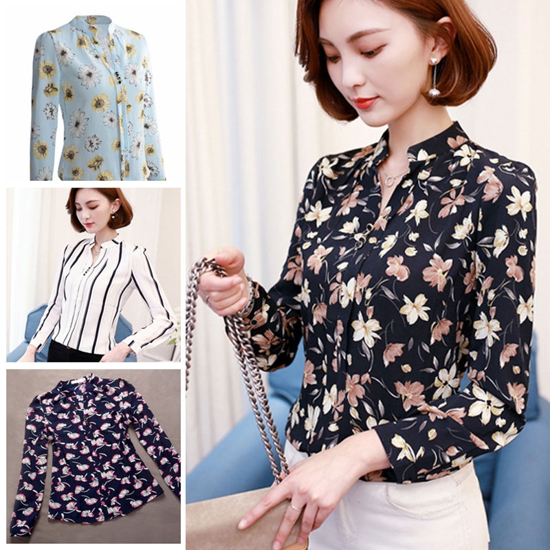 Blus Sifon Korea Kerah Tegak Lengan Panjang Motif  Print 