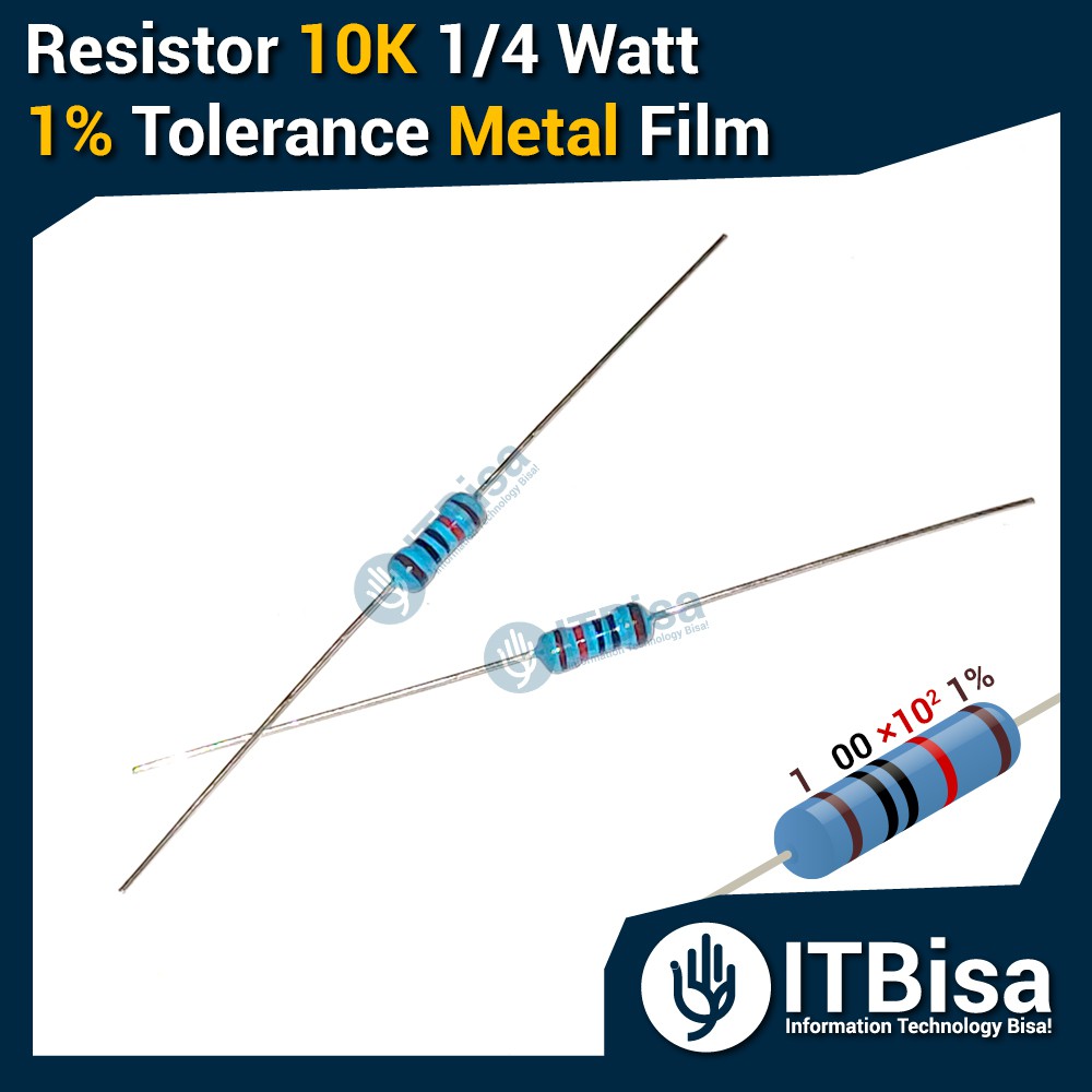 ITBisa - Resistor 10K 1/4W 0.25W 1% Metal Film Blue 1/4 W 0.25 Watt Biru 10000 Ohm 10KOhm 10000Ohm