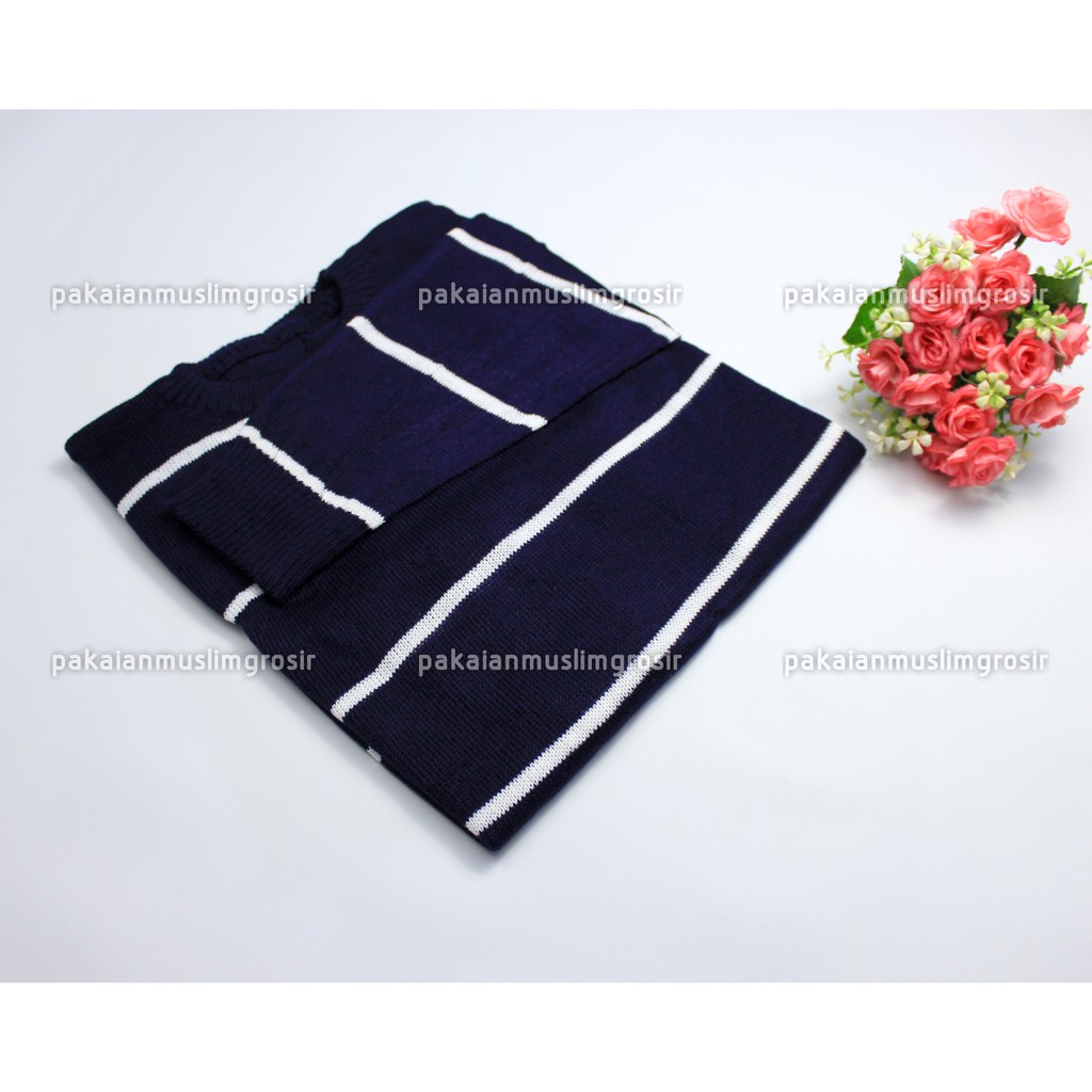 Atasan Rajut Sweater Rajut Knit Zia Adeline-Navy - Putih