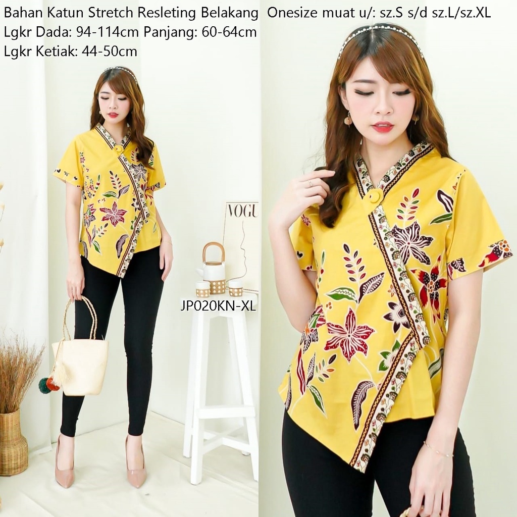 Atasan Batik Blouse Wanita Bunga Baju Batik Blus Cewek Flower Kantoran Terbaru JP020-Yellow-1 BIGSIZE(XL)