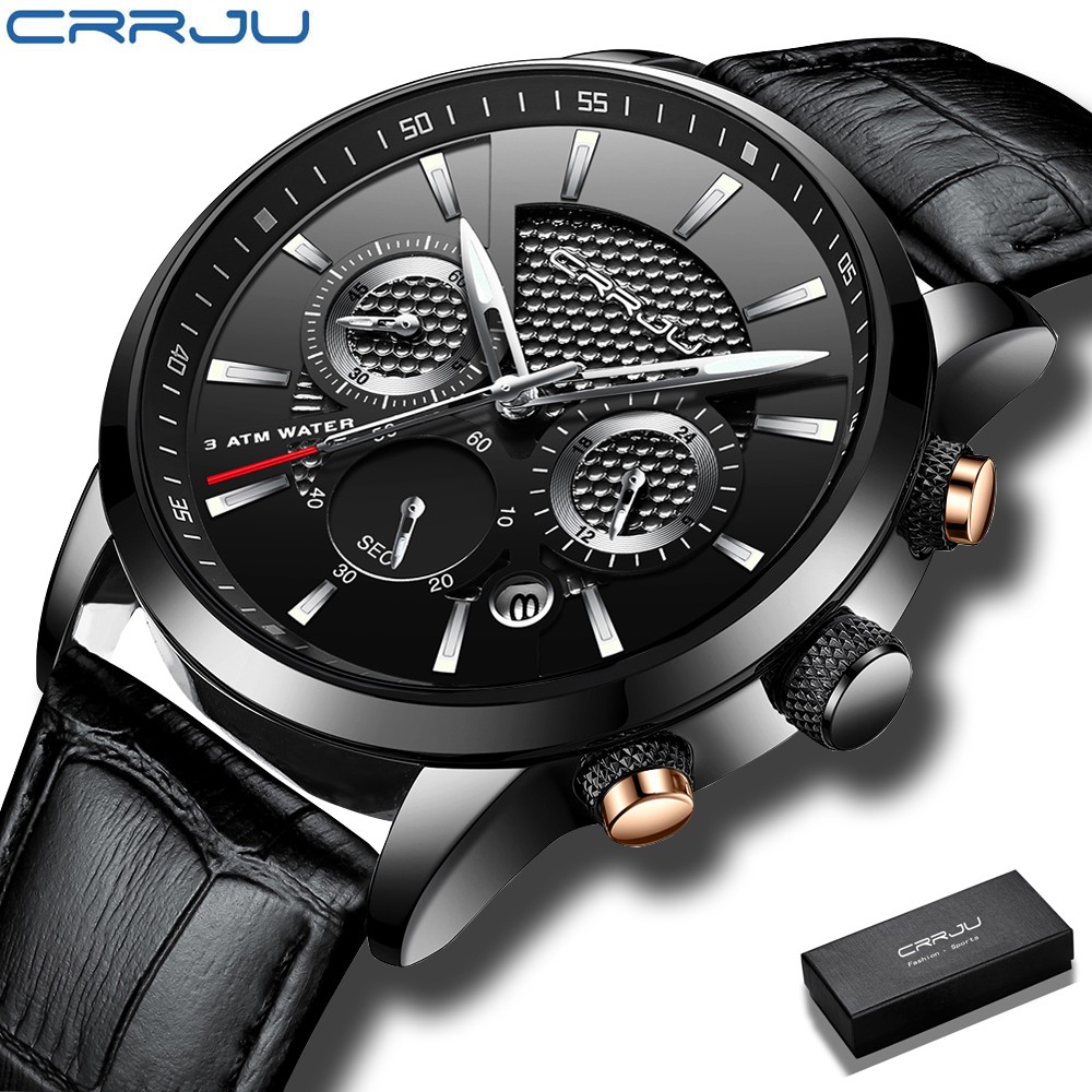 CRRJU 2212 Jam Tangan Pria Quartz Chronograph Sport Mewah Strap Kulit Untuk Kalender Tahan Air